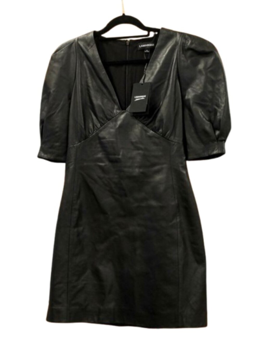 LAMARQUE~Matilda~BLACK LAMB LEATHER MINI DRESS PUFF SLEEVES V NECK NWT Sz MED